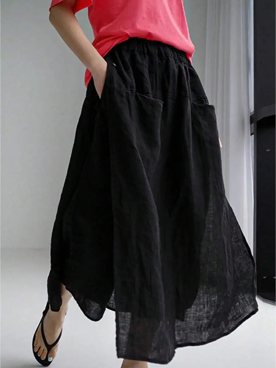 Womens Loose Linen Wide Leg Capri Pants With Pockets Casual Culottes