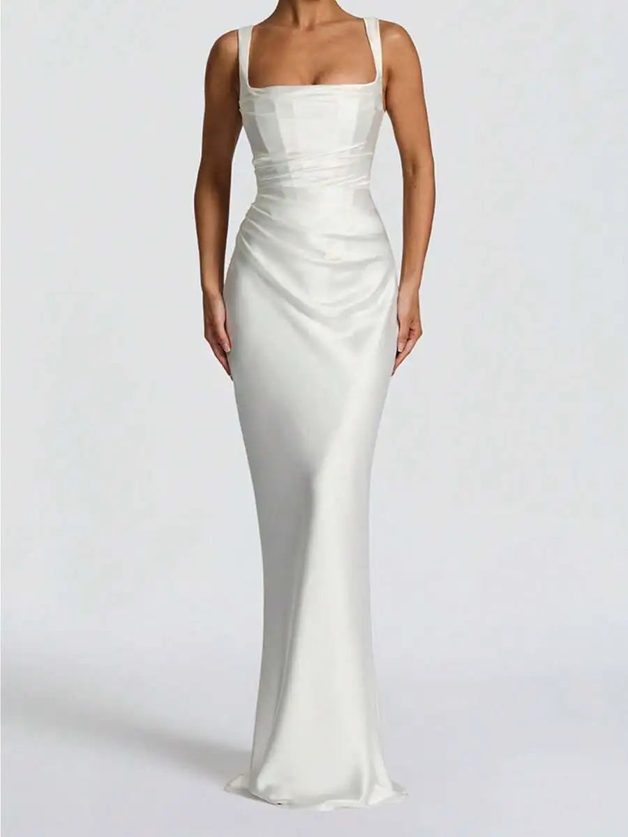 Elegant Satin Cinching Waist Slip Dress Long Gown For Prom Cocktail Formal Event