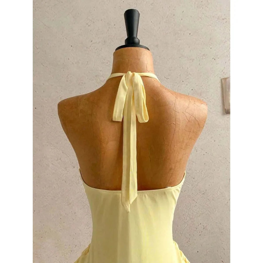 【New style】Women's Casual Vacation Sexy V-Neck Ribbon Halter Bow Tie Ruched Mini Dress, Suitable For Beach, Cruise, Resort