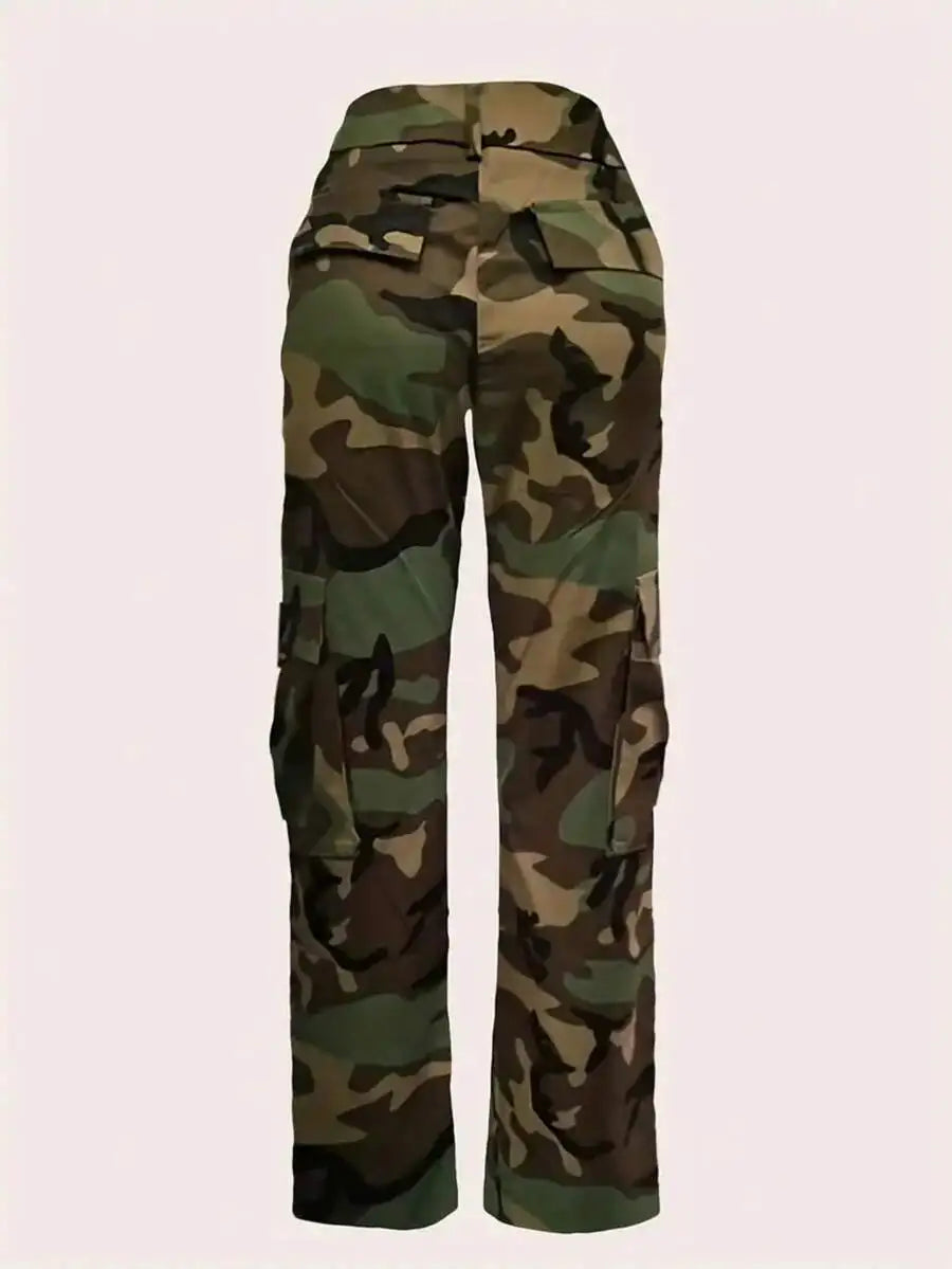 Womens High-Waist Camo Print Cargo Pants Stretchy Casual Jogger Pants With Pockets