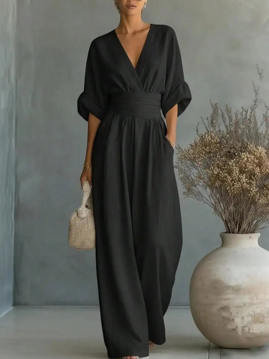 Elegant V-Neck Wide Leg Jumpsuit High Waist Ruched Office Wear