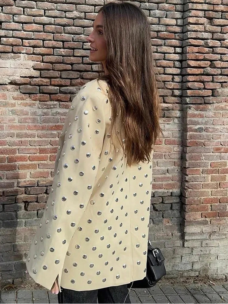 SLTNX Women's Rivet Decoration Casual Blazer Long Sleeve V Neck Beige Spring Fall Coat