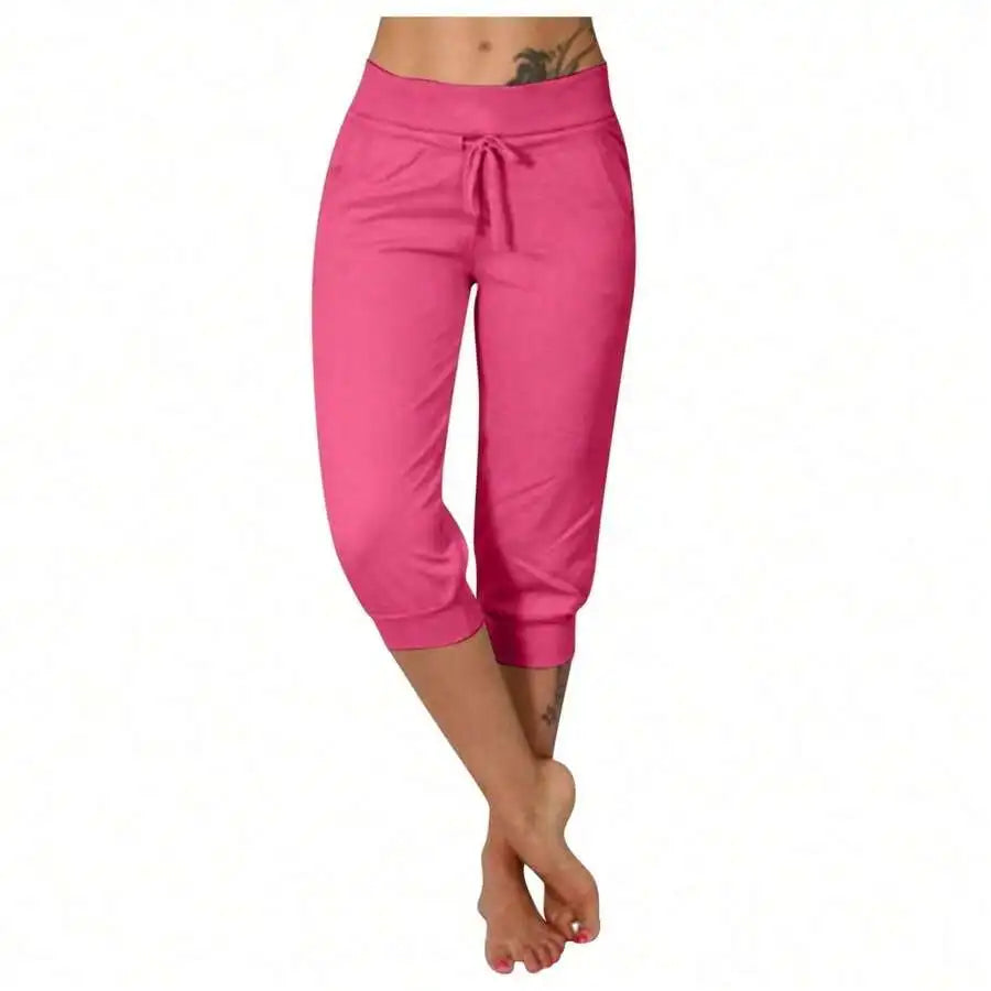 High Waist Loose Drawstring Capri Pants Women Cotton Linen Knee Length Casual Summer Pants