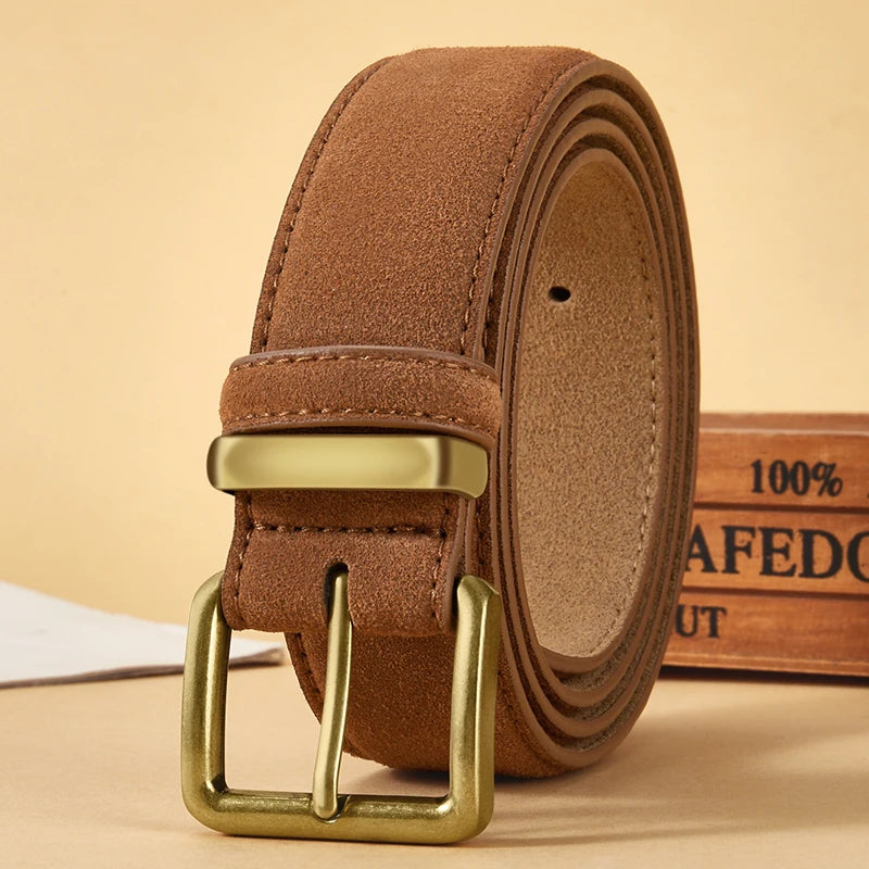 Luxury Suede Cowhide Leather Belt with Gold Buckle, 3.5cm Wide Waistband