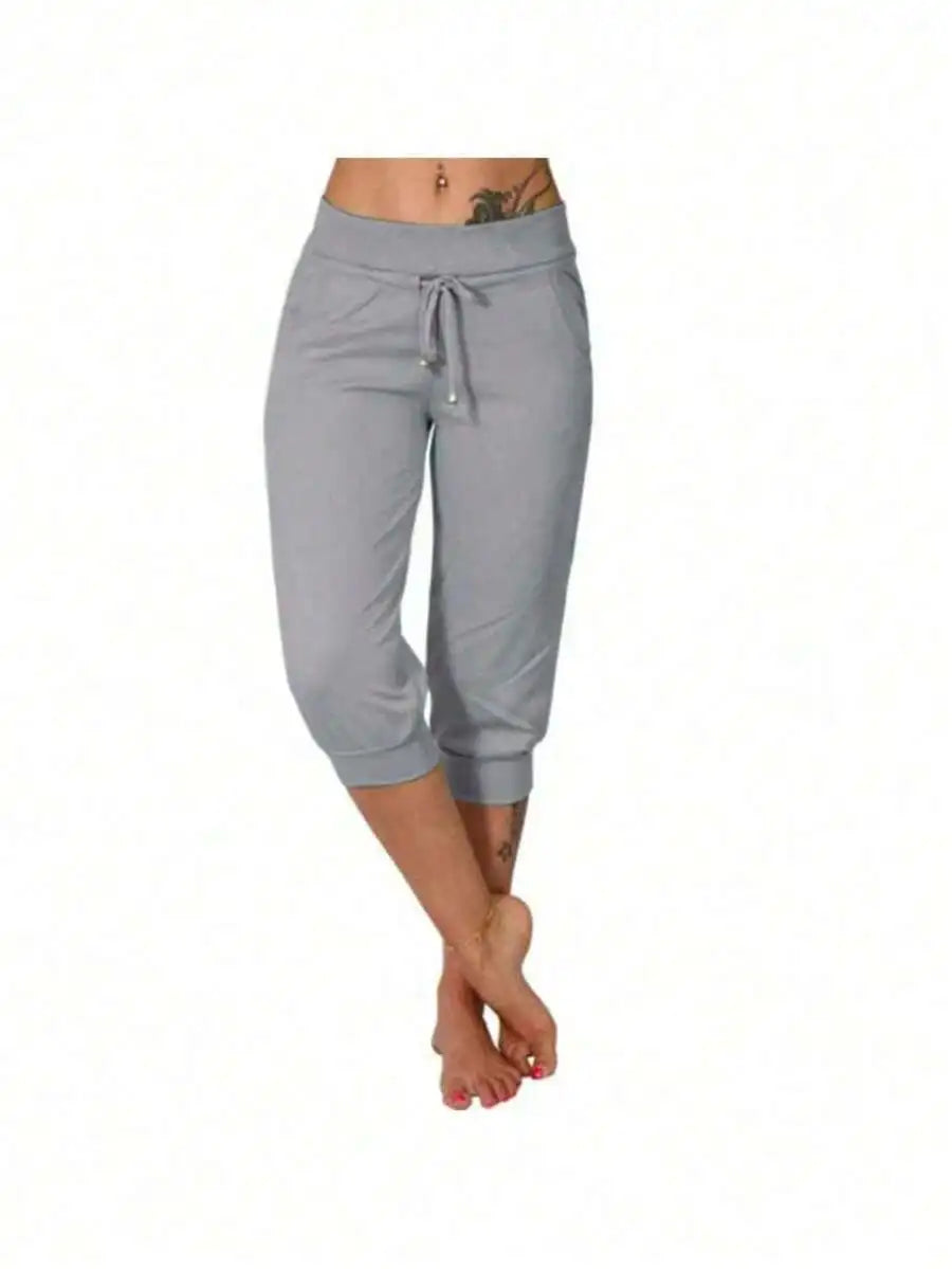High Waist Loose Drawstring Capri Pants Women Cotton Linen Knee Length Casual Summer Pants