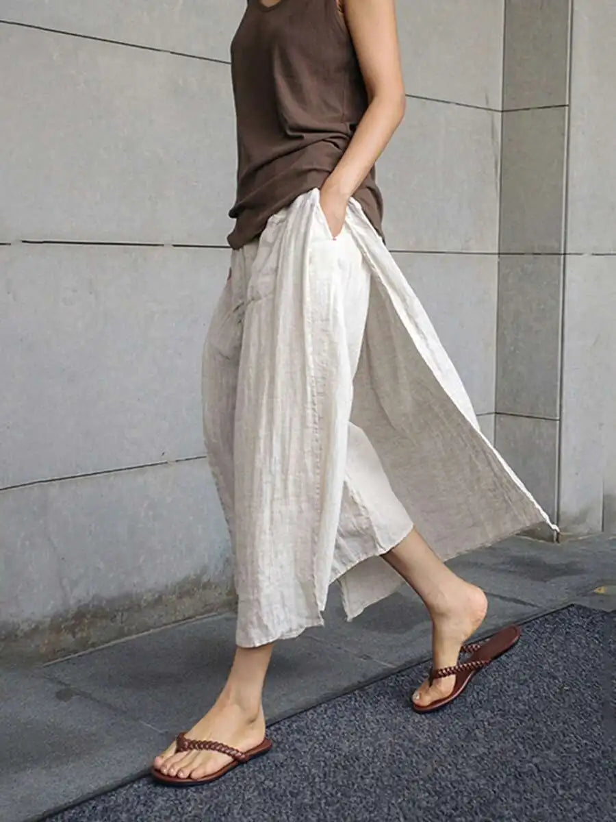 Womens Loose Linen Wide Leg Capri Pants With Pockets Casual Culottes