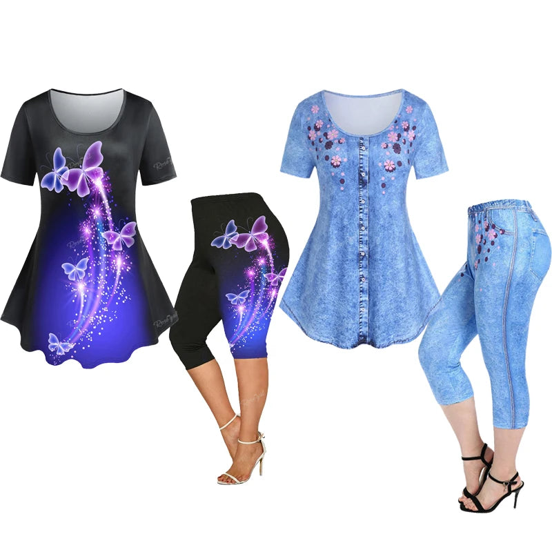 Plus Size 3D Print Tee and Capri Leggings Matching Set for Women Butterfly Floral Pattern Outfits OverSize Graphic Cloth