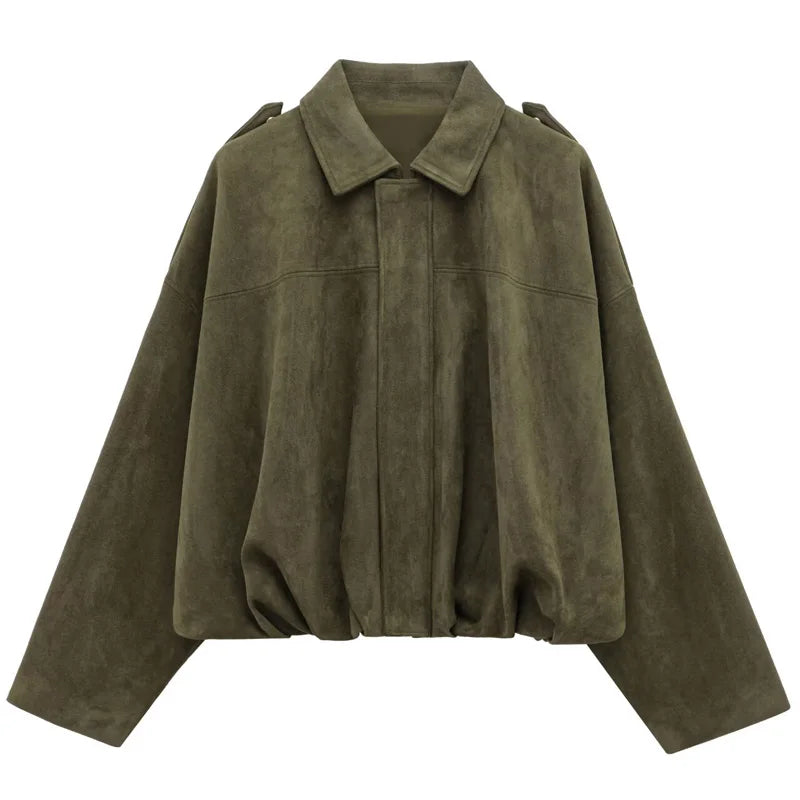 HXAO Women's Bomber Jacket Lapel Long Sleeve Zipper Suede Jacket Women 2025 High Street Cropped Racing Jackets Coats Outerwears