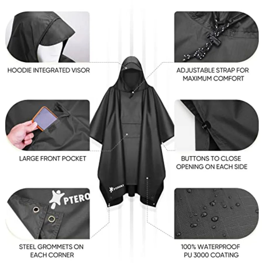 PTEROMY 3-in-1 Hooded Rain Poncho for Adult with Pocket, Waterproof Lightweight Unisex Raincoat for Hiking Camping Emergency