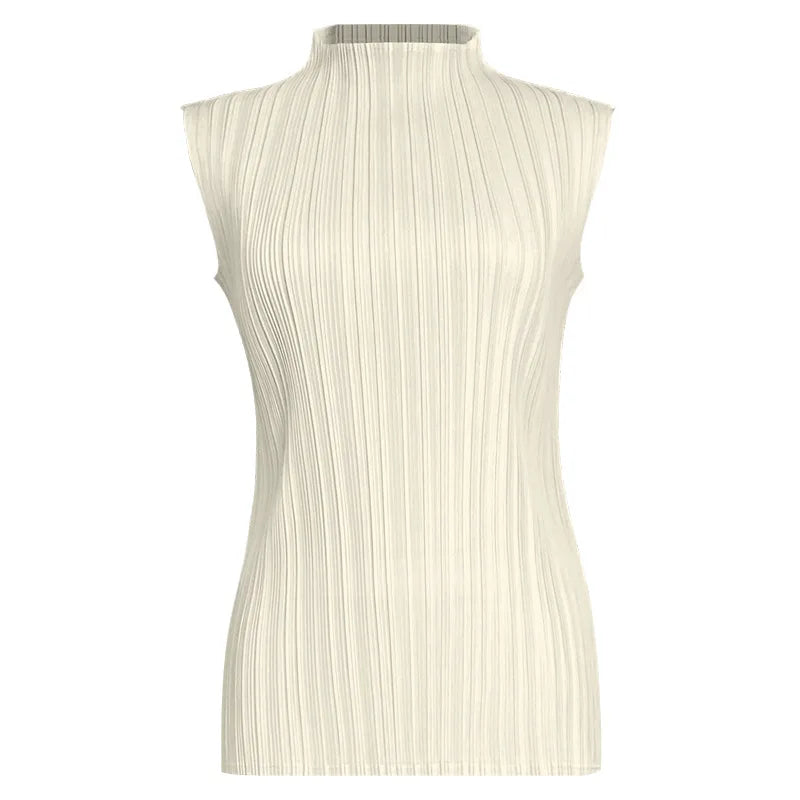 Miyake Pleated Elegant Fashion Temperament Solid Color Half High Neck Sleeveless Women's Vest 2026 Summer New Breathable Top