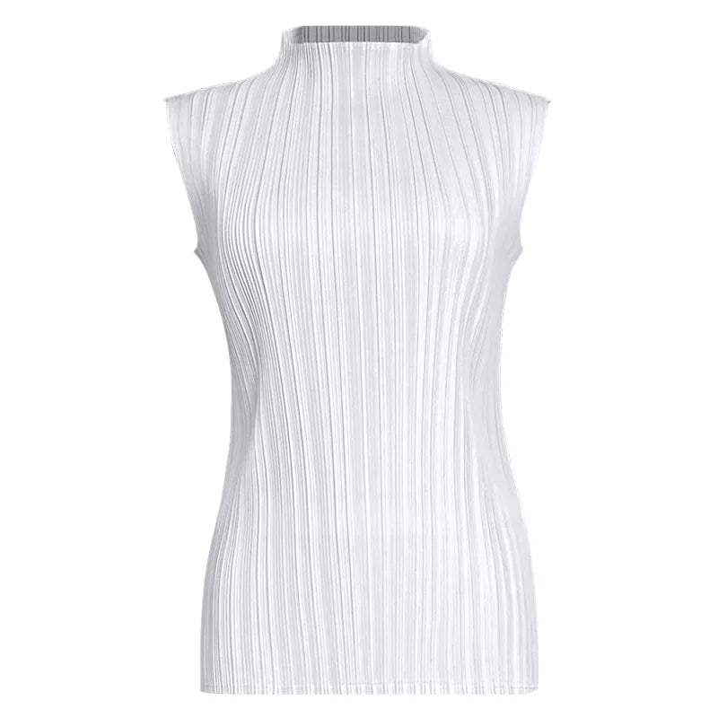 Miyake Pleated Elegant Fashion Temperament Solid Color Half High Neck Sleeveless Women's Vest 2026 Summer New Breathable Top
