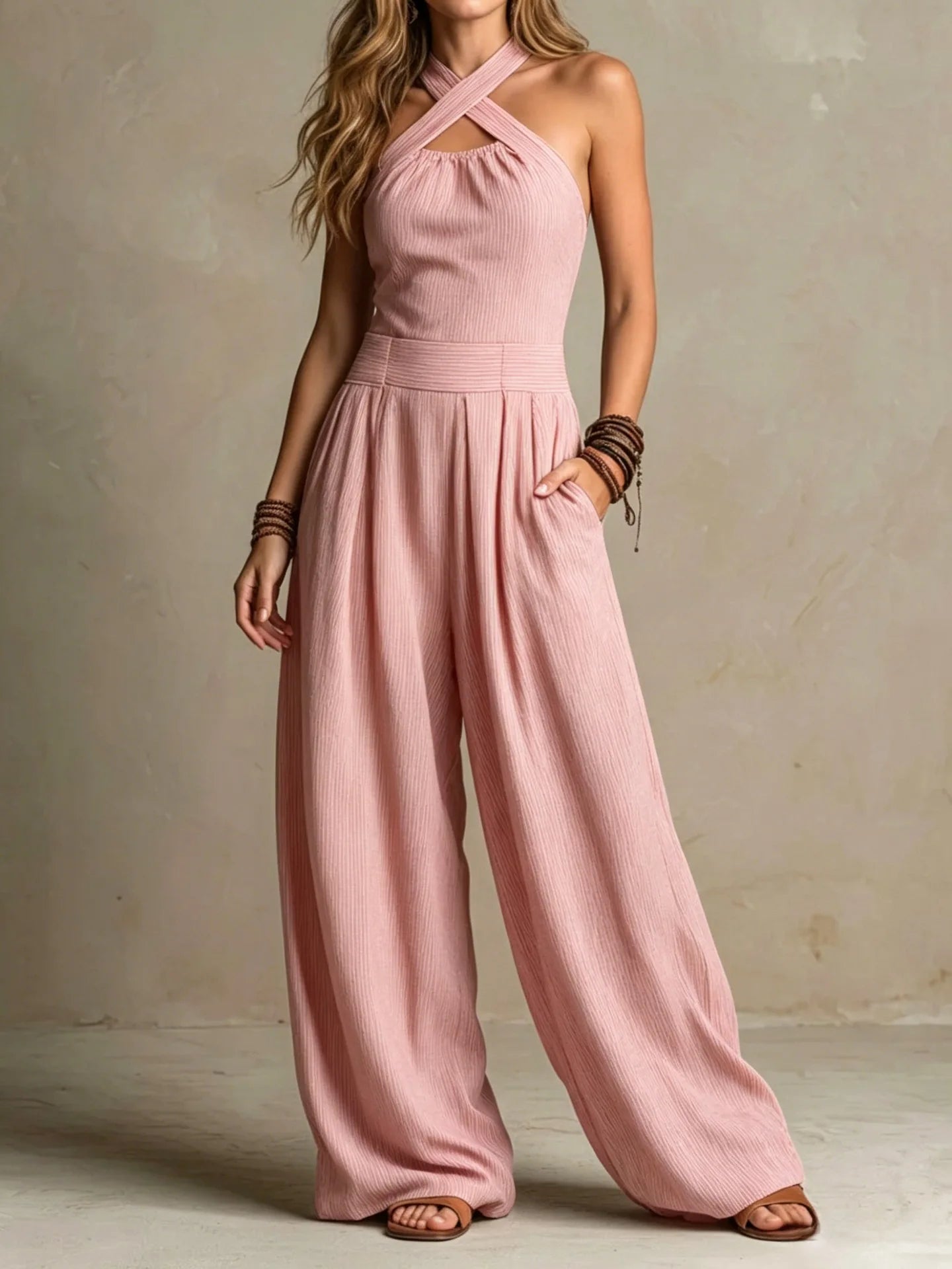 Elegant One Pieces Women Orange Crisscross Halter Jumpsuit Sleeveless Wide Leg Long Pants Rompers for Daily Vacation Streetwear