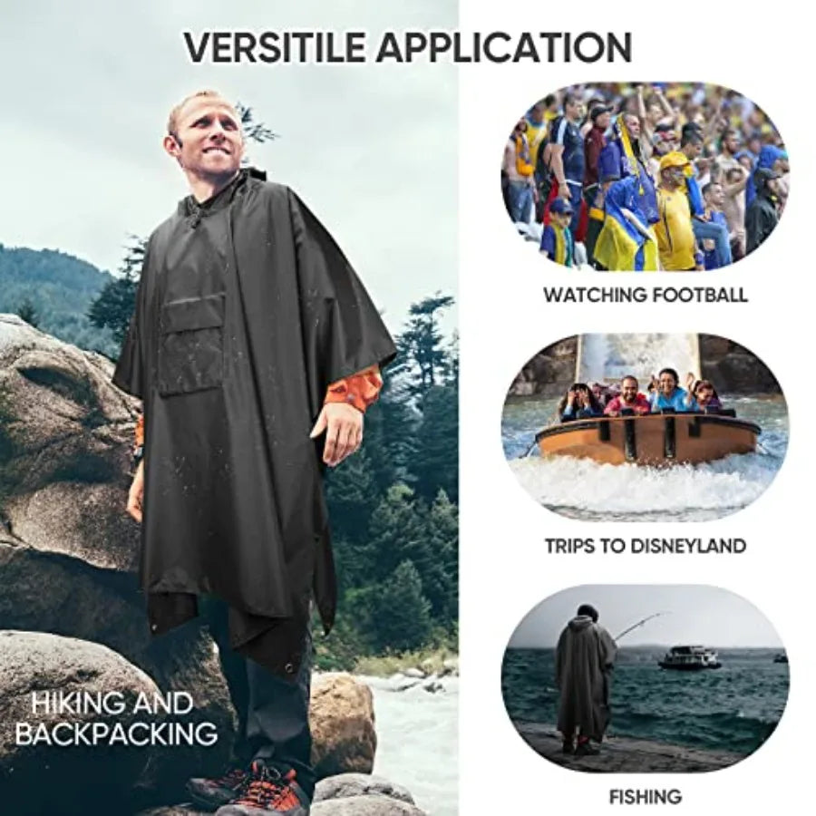 PTEROMY 3-in-1 Hooded Rain Poncho for Adult with Pocket, Waterproof Lightweight Unisex Raincoat for Hiking Camping Emergency