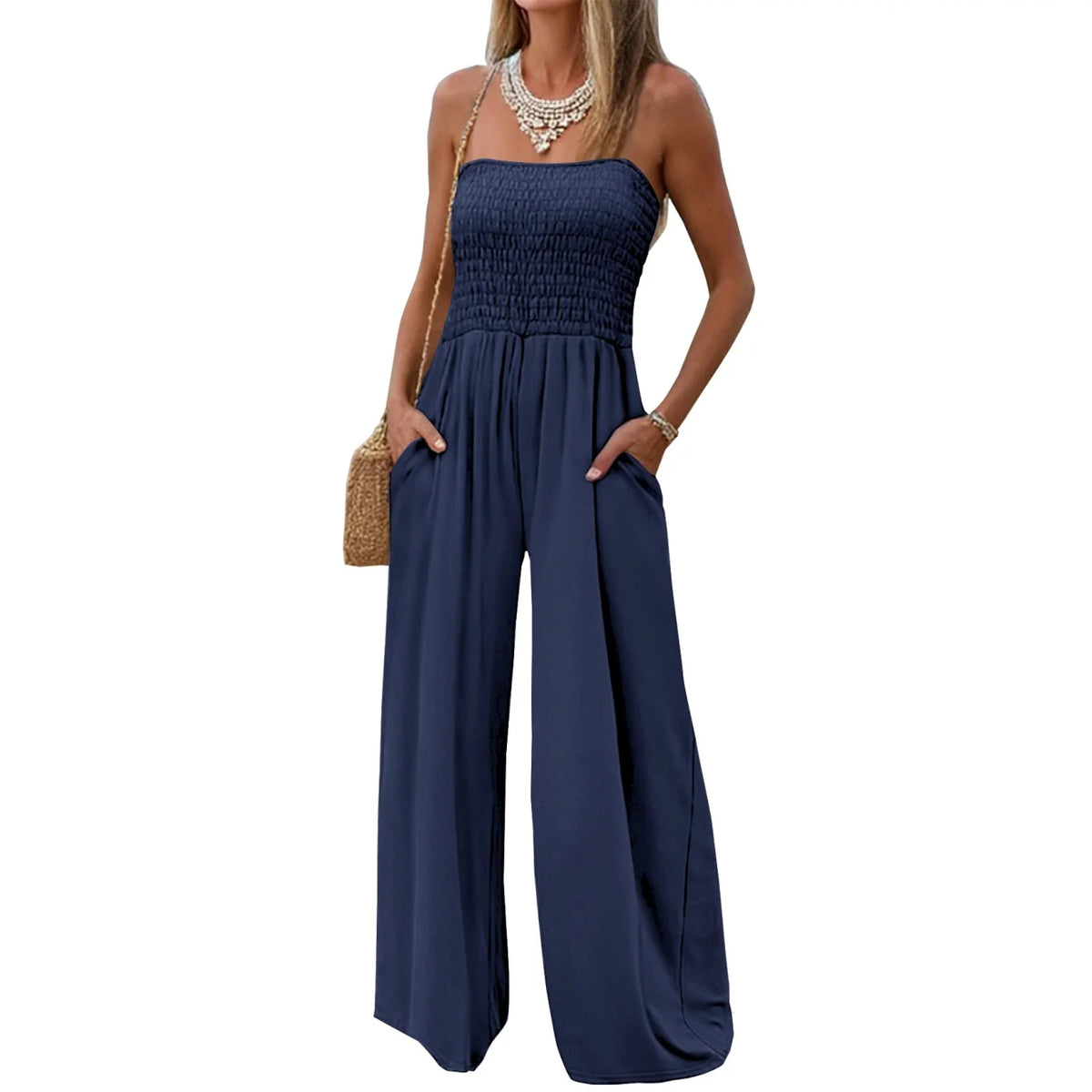 Summer solid-color strapless jumpsuit for women, with a casual commuting style, simple and elegant