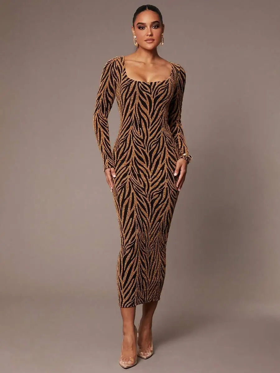 Elegant Glitter Long Sleeve Square Neck Slim Fit Party Dress For Women