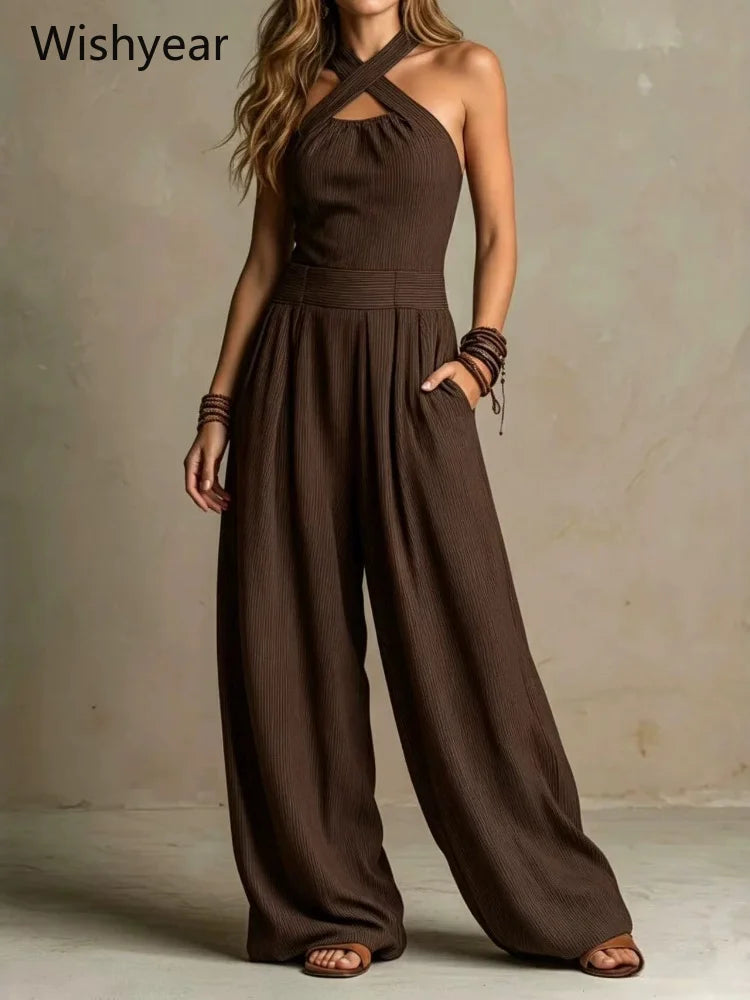 Elegant One Pieces Women Orange Crisscross Halter Jumpsuit Sleeveless Wide Leg Long Pants Rompers for Daily Vacation Streetwear