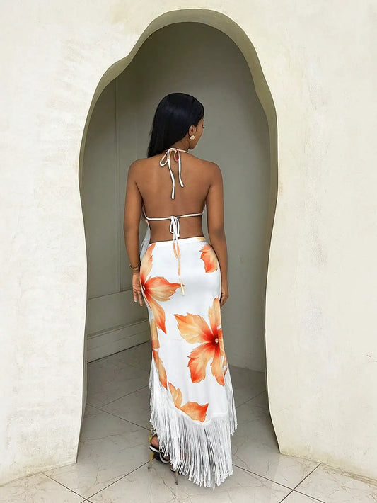 Women's Halter Tie Backless Floral Print Tassel Mid-Length Dress Summer Vacation Outfit
