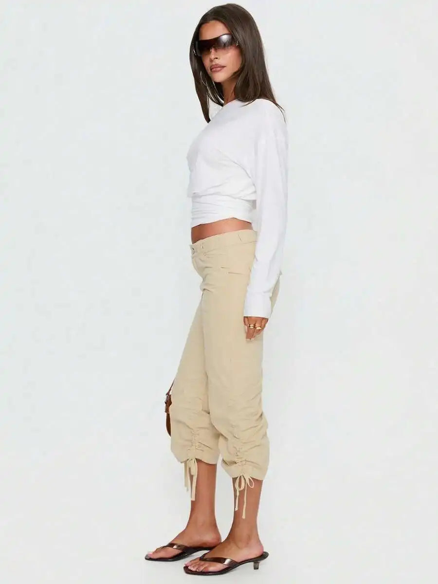 Women Y2K Retro Streetwear Capri Pants Drawstring Cuff Solid Color Slim Fit Cropped Cargo Trousers