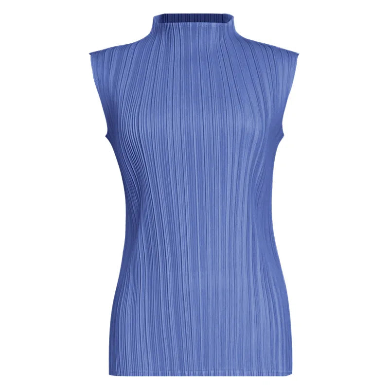 Miyake Pleated Elegant Fashion Temperament Solid Color Half High Neck Sleeveless Women's Vest 2026 Summer New Breathable Top