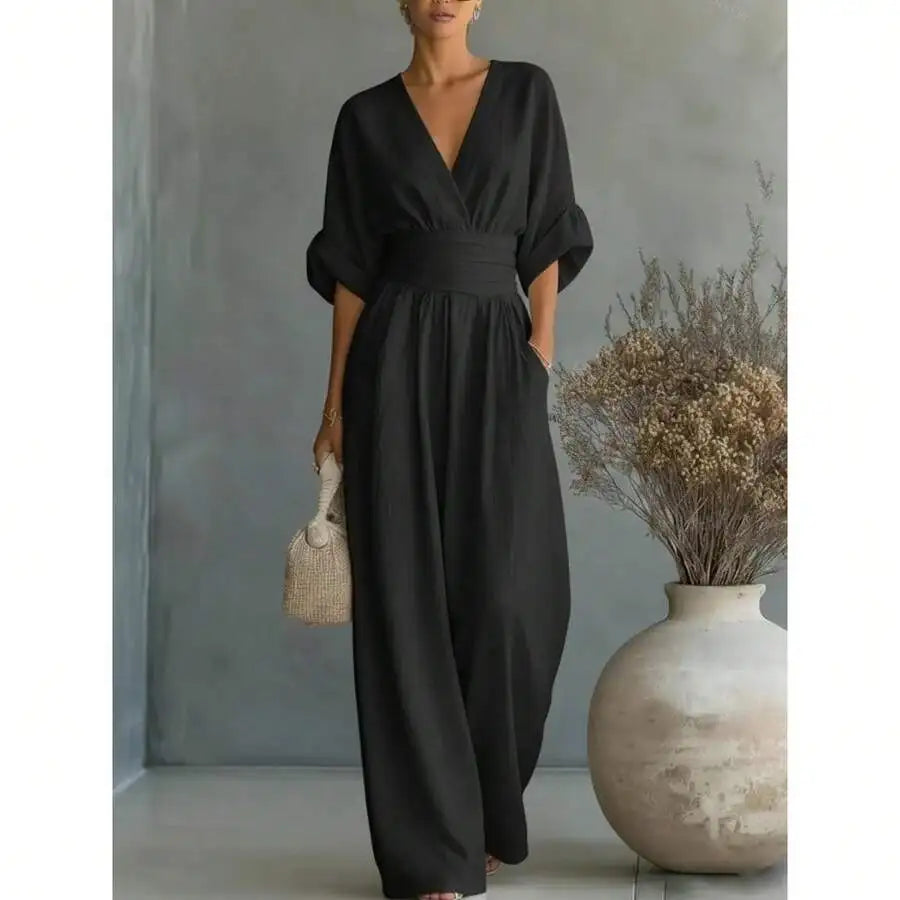 Elegant V-Neck Wide Leg Jumpsuit High Waist Ruched Office Wear