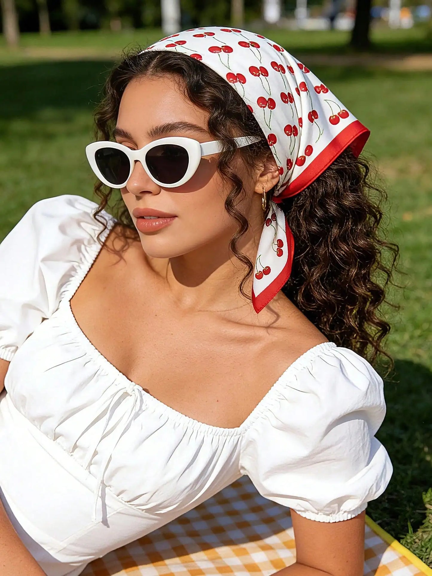 Women Cherry Print Square Scarf Bandana  Fashion Head Wrap, Hair Scarf, Neckerchief, Lightweight Silk Touch Accessory for Women