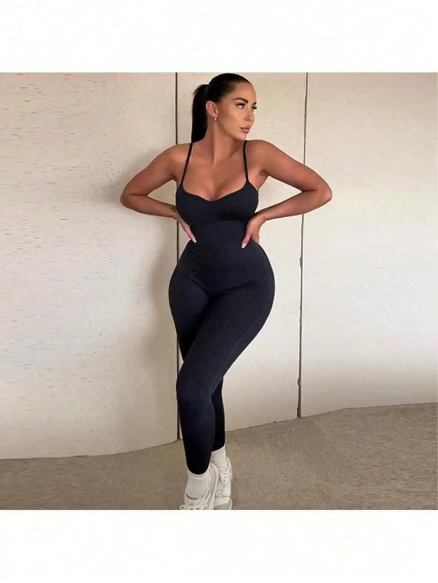 Sleeveless Backless Slim Fit Jumpsuit For Women Solid Color Sporty Workout Bodysuit