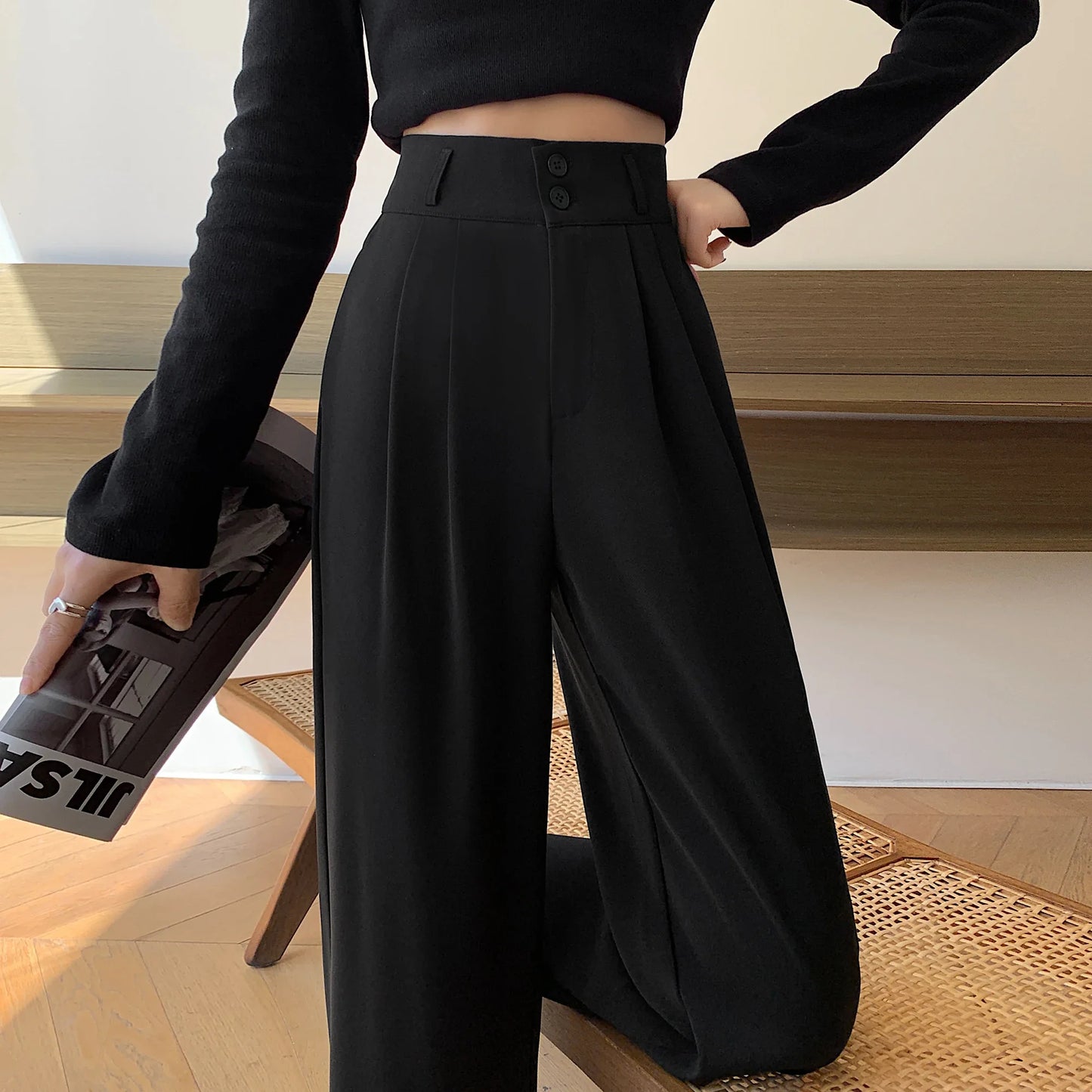 Spring Summer White High Waist Suit Wide Leg Women's Pants Female 2026 New Buttons Elegant Minimalism Straight Loose Trousers