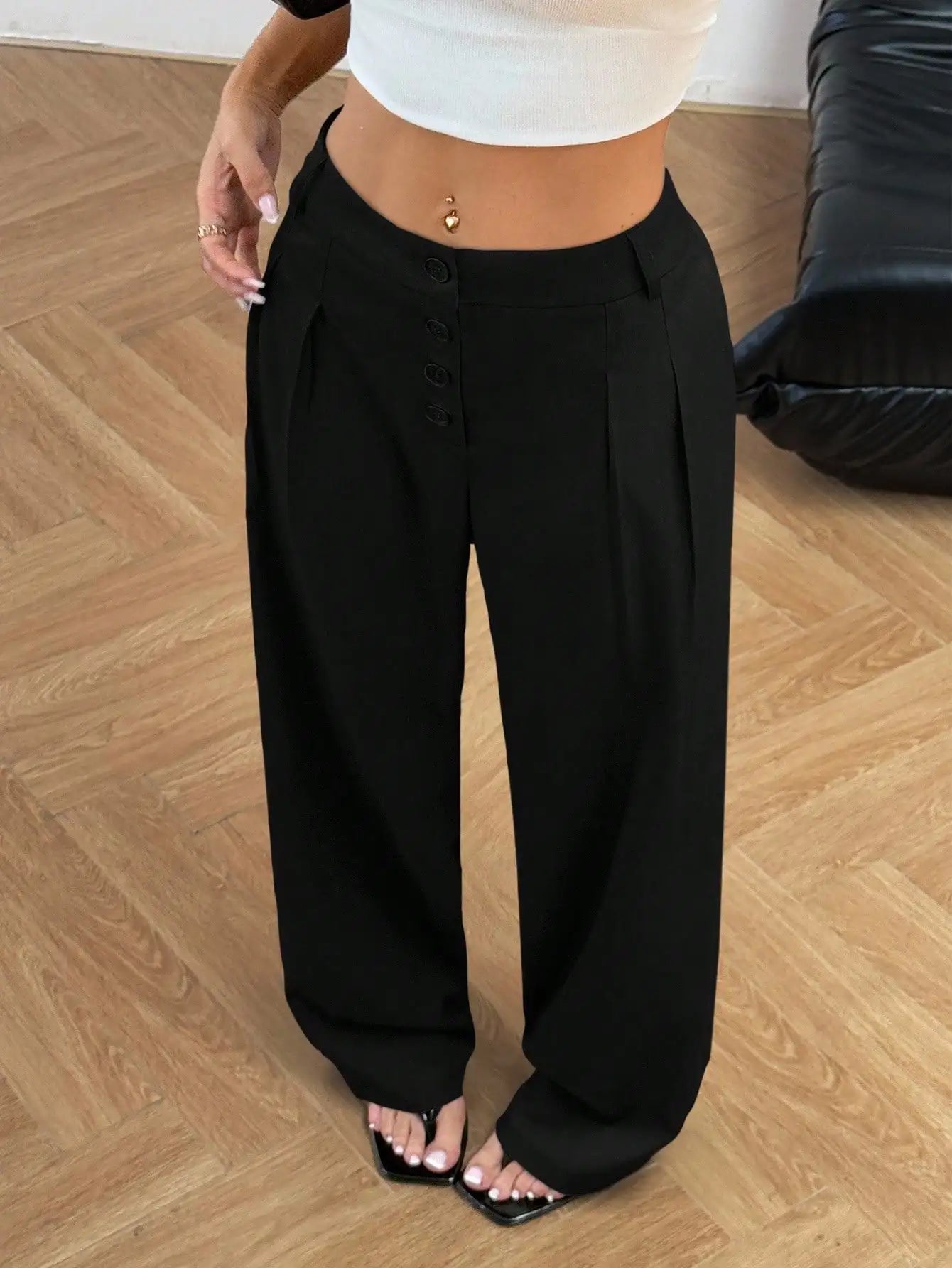 Women Solid Button Front Pleated Wide Leg Loose Casual Pants For Work Commute