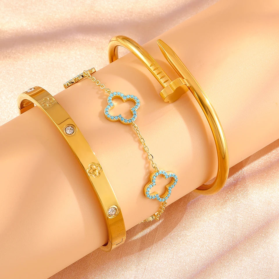 Stainless Steel Gold Plated Four-Leaf Flower Nails Stacked Bracelet Bangles Shiny Zircon Couple Jewelry Gift