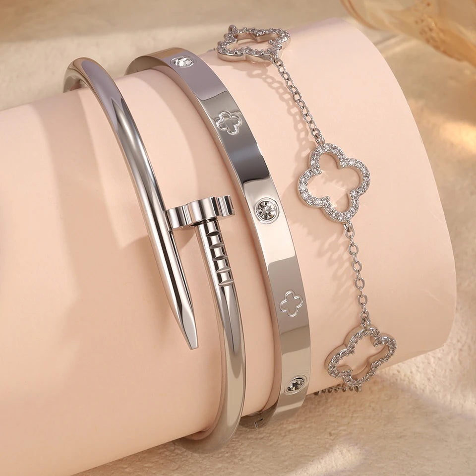 Stainless Steel Gold Plated Four-Leaf Flower Nails Stacked Bracelet Bangles Shiny Zircon Couple Jewelry Gift