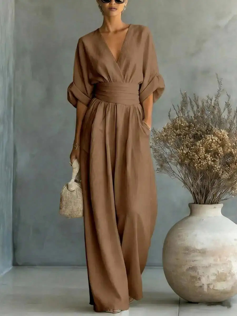 Elegant V-Neck Wide Leg Jumpsuit High Waist Ruched Office Wear