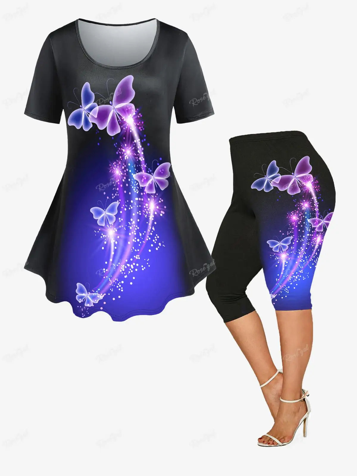 Plus Size 3D Print Tee and Capri Leggings Matching Set for Women Butterfly Floral Pattern Outfits OverSize Graphic Cloth