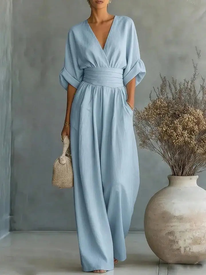 Elegant V-Neck Wide Leg Jumpsuit High Waist Ruched Office Wear