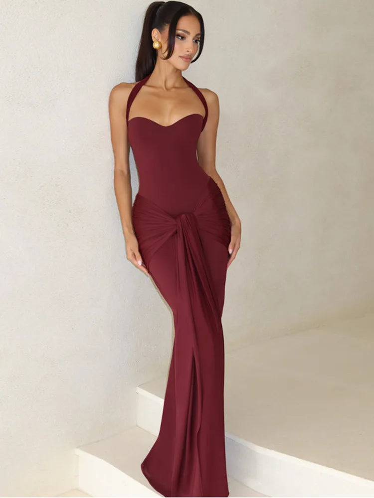 Mozision Halter Backless Sexy Maxi Dress Women Elegant Sleeveless Ruched Waist Draped Bodycon Club Party Evening Cocktail Dress