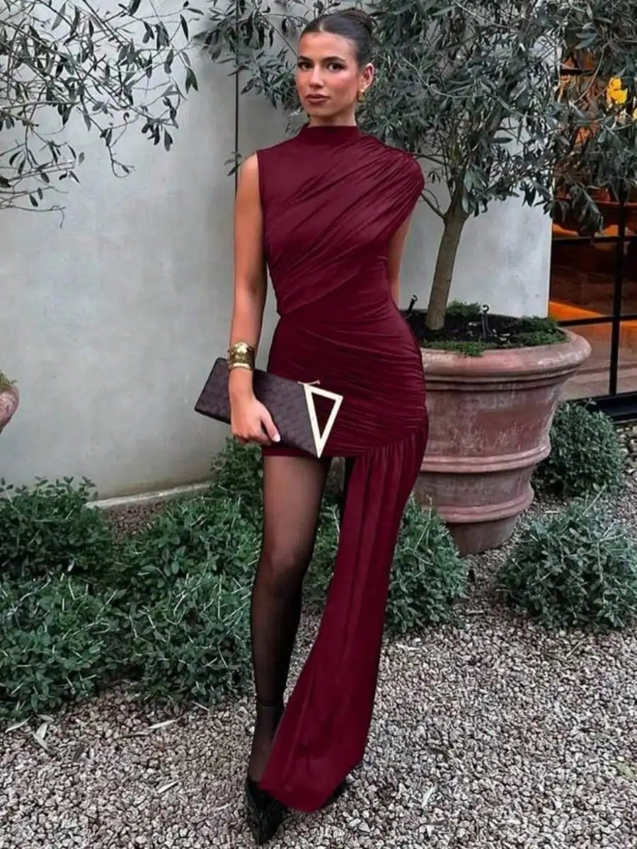 Elegant White One-Shoulder Draped Ruched Maxi Dress With High Slit