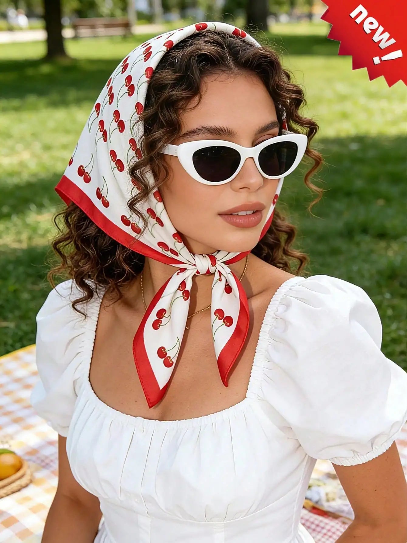 Women Cherry Print Square Scarf Bandana  Fashion Head Wrap, Hair Scarf, Neckerchief, Lightweight Silk Touch Accessory for Women