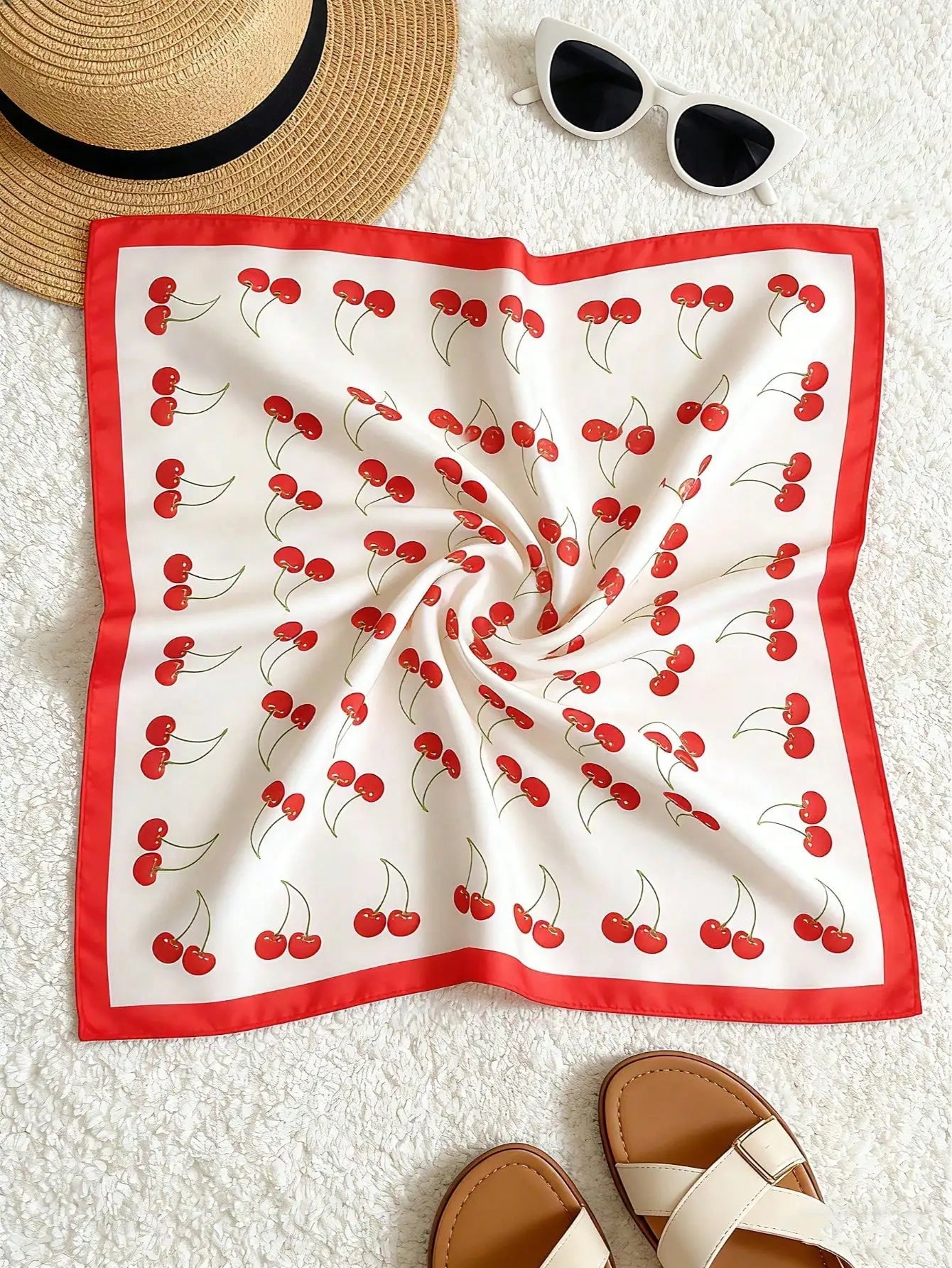 Women Cherry Print Square Scarf Bandana  Fashion Head Wrap, Hair Scarf, Neckerchief, Lightweight Silk Touch Accessory for Women