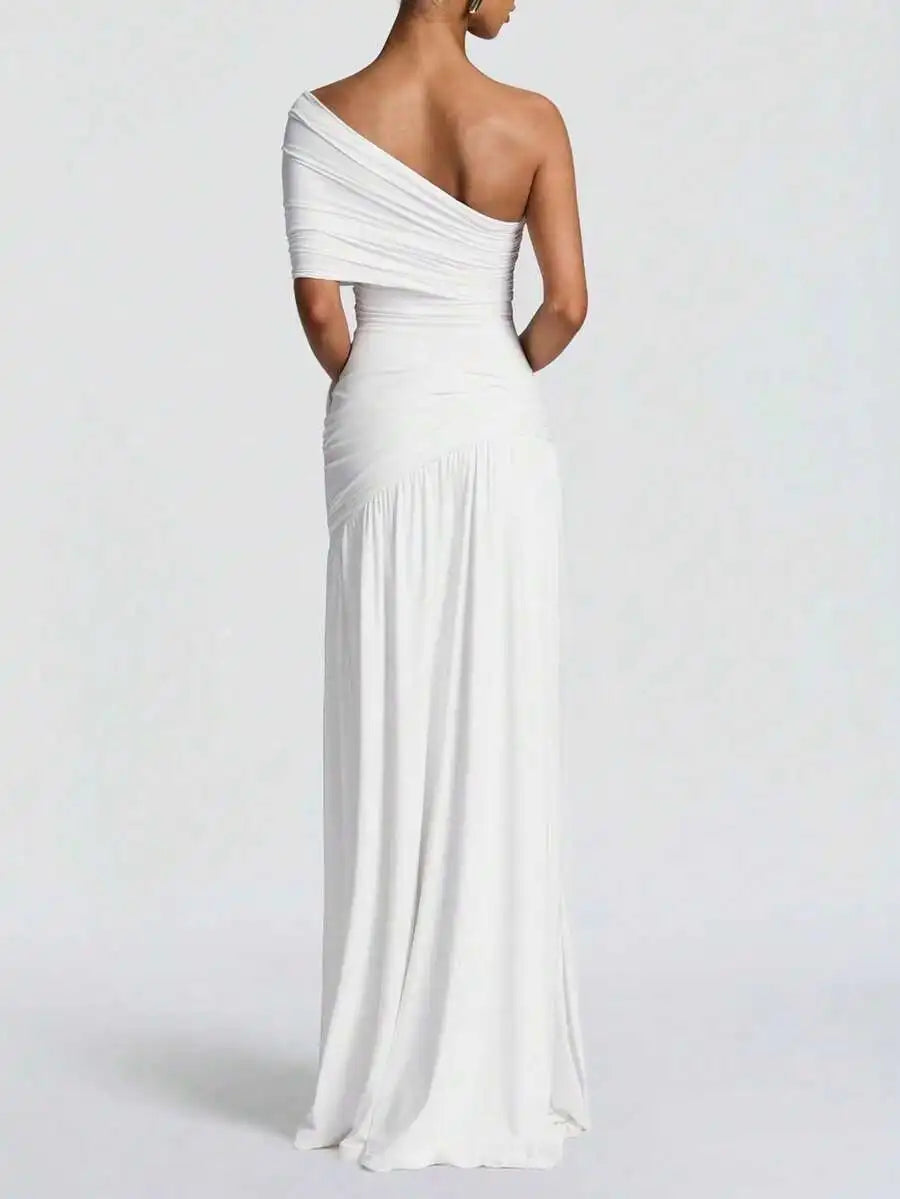 Elegant White One-Shoulder Draped Ruched Maxi Dress With High Slit