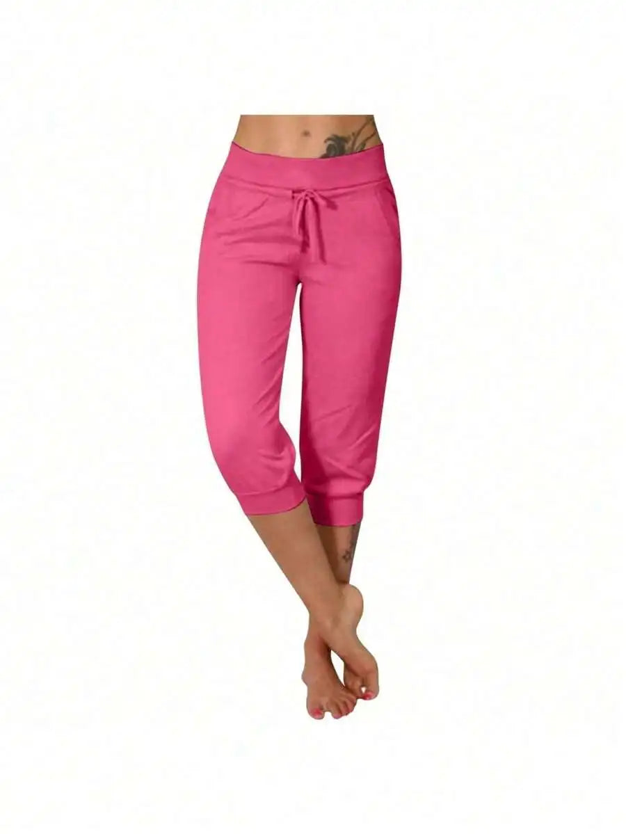 High Waist Loose Drawstring Capri Pants Women Cotton Linen Knee Length Casual Summer Pants
