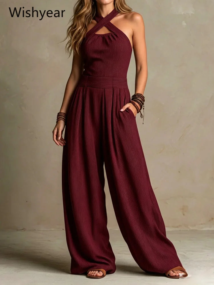 Elegant One Pieces Women Orange Crisscross Halter Jumpsuit Sleeveless Wide Leg Long Pants Rompers for Daily Vacation Streetwear