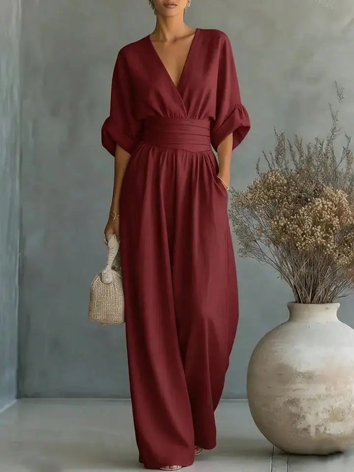 Elegant V-Neck Wide Leg Jumpsuit High Waist Ruched Office Wear