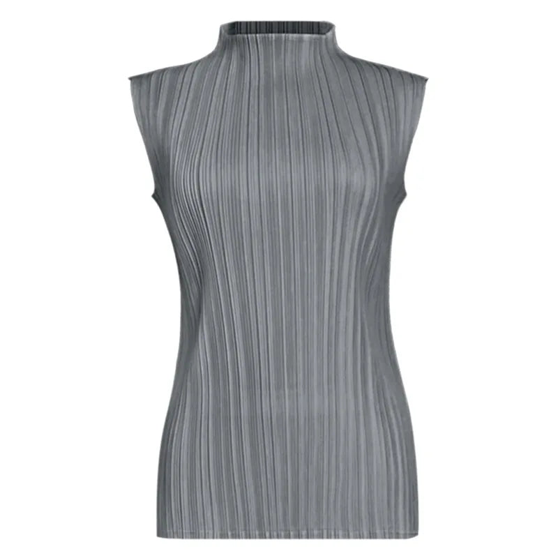 Miyake Pleated Elegant Fashion Temperament Solid Color Half High Neck Sleeveless Women's Vest 2026 Summer New Breathable Top