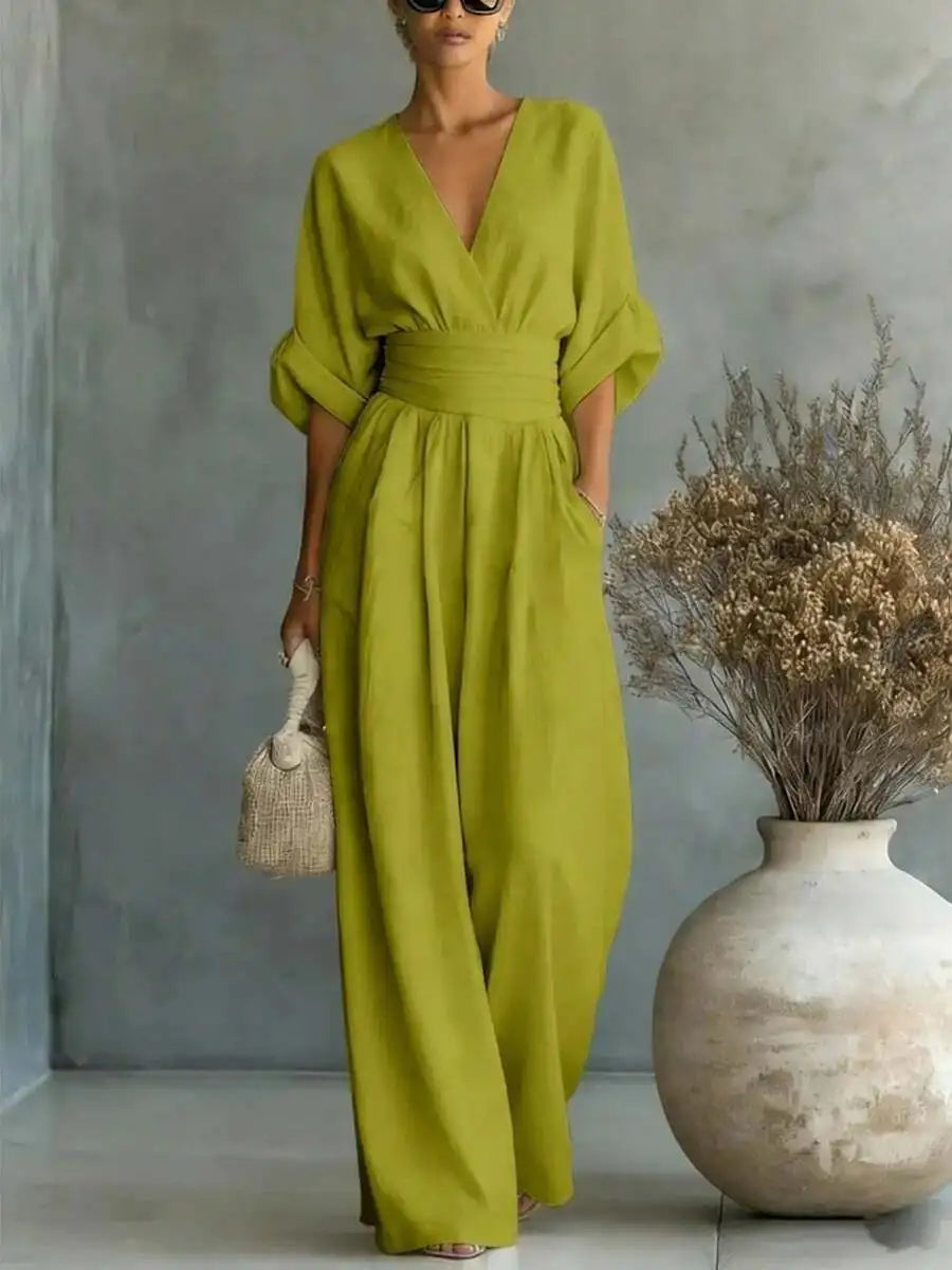 Elegant V-Neck Wide Leg Jumpsuit High Waist Ruched Office Wear