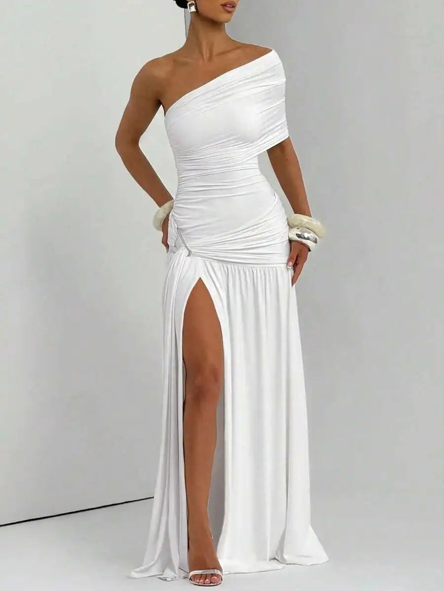 Elegant White One-Shoulder Draped Ruched Maxi Dress With High Slit