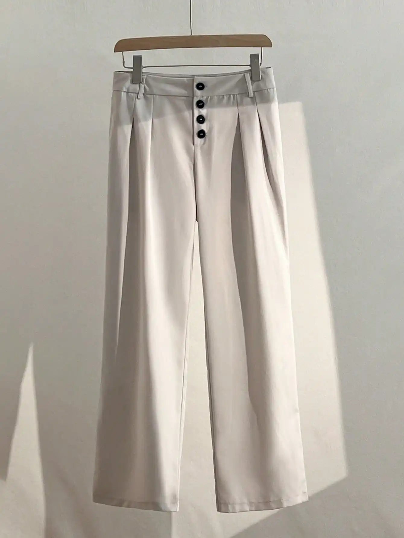 Women Solid Button Front Pleated Wide Leg Loose Casual Pants For Work Commute