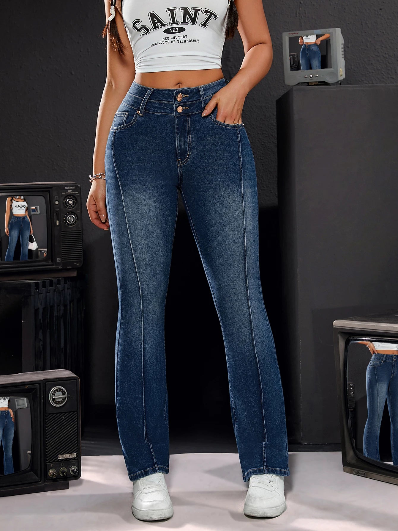 Women's High-Waisted Stretch Denim Straight Leg Jeans