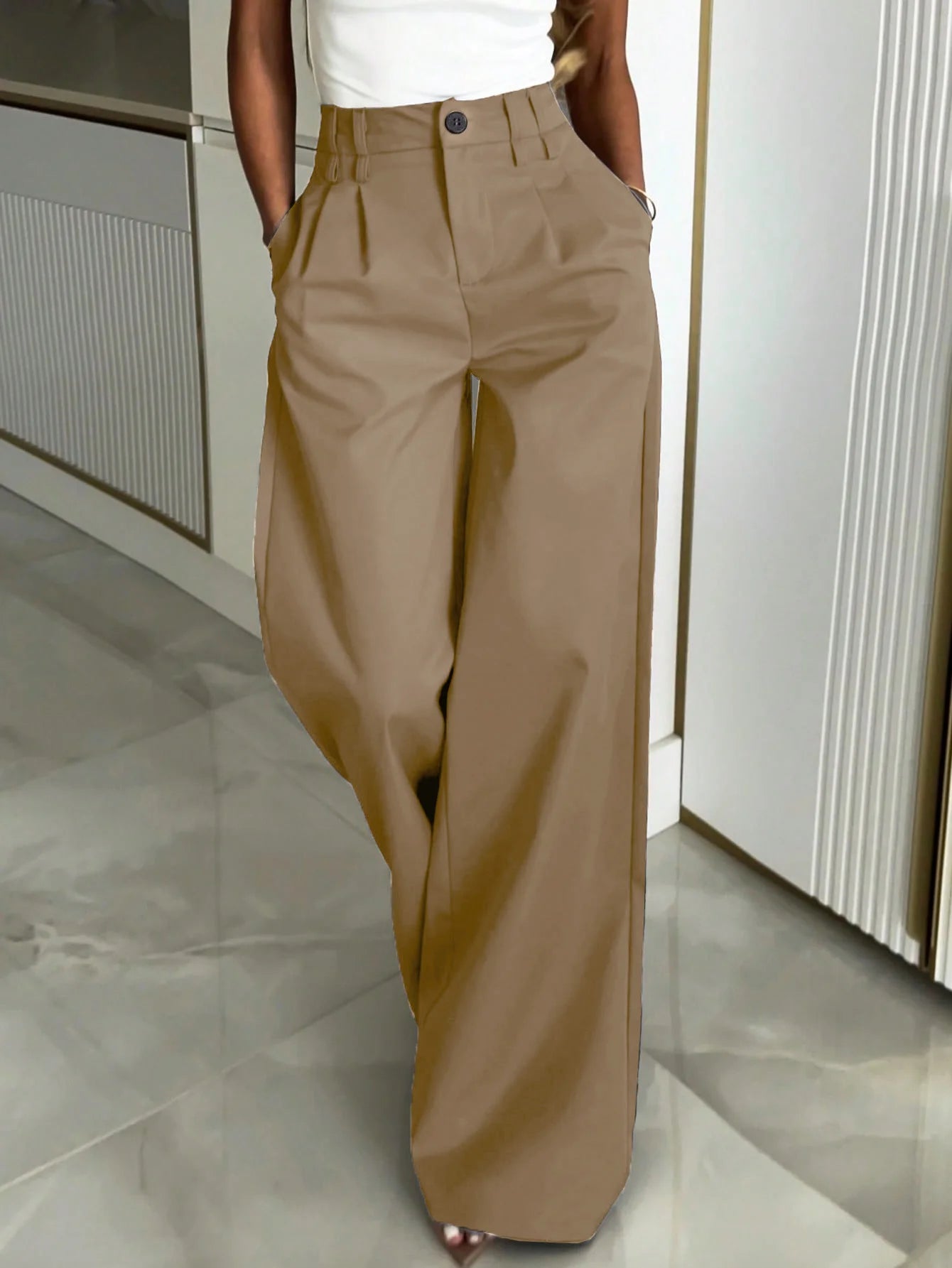 Women's Wide Leg Pants Loose Straight Fit Solid Color High Waist Casual Office Daily Wear