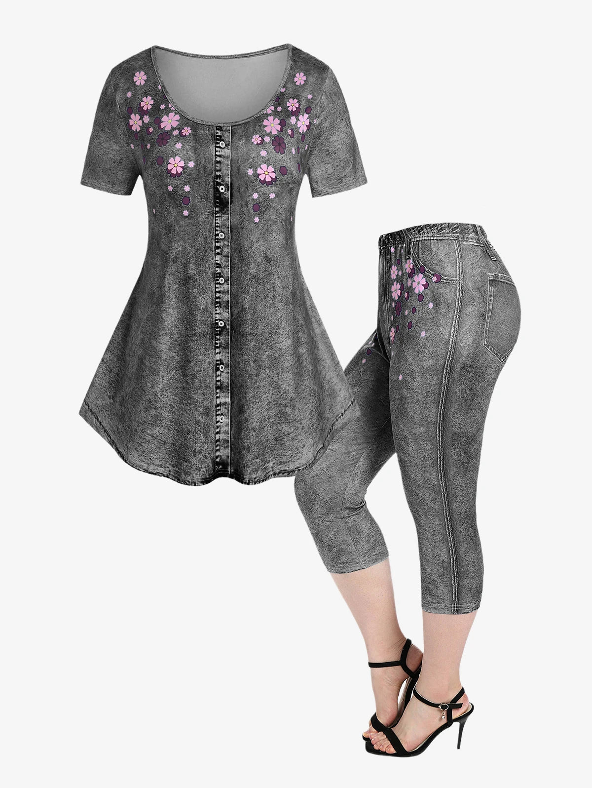 Plus Size 3D Print Tee and Capri Leggings Matching Set for Women Butterfly Floral Pattern Outfits OverSize Graphic Cloth
