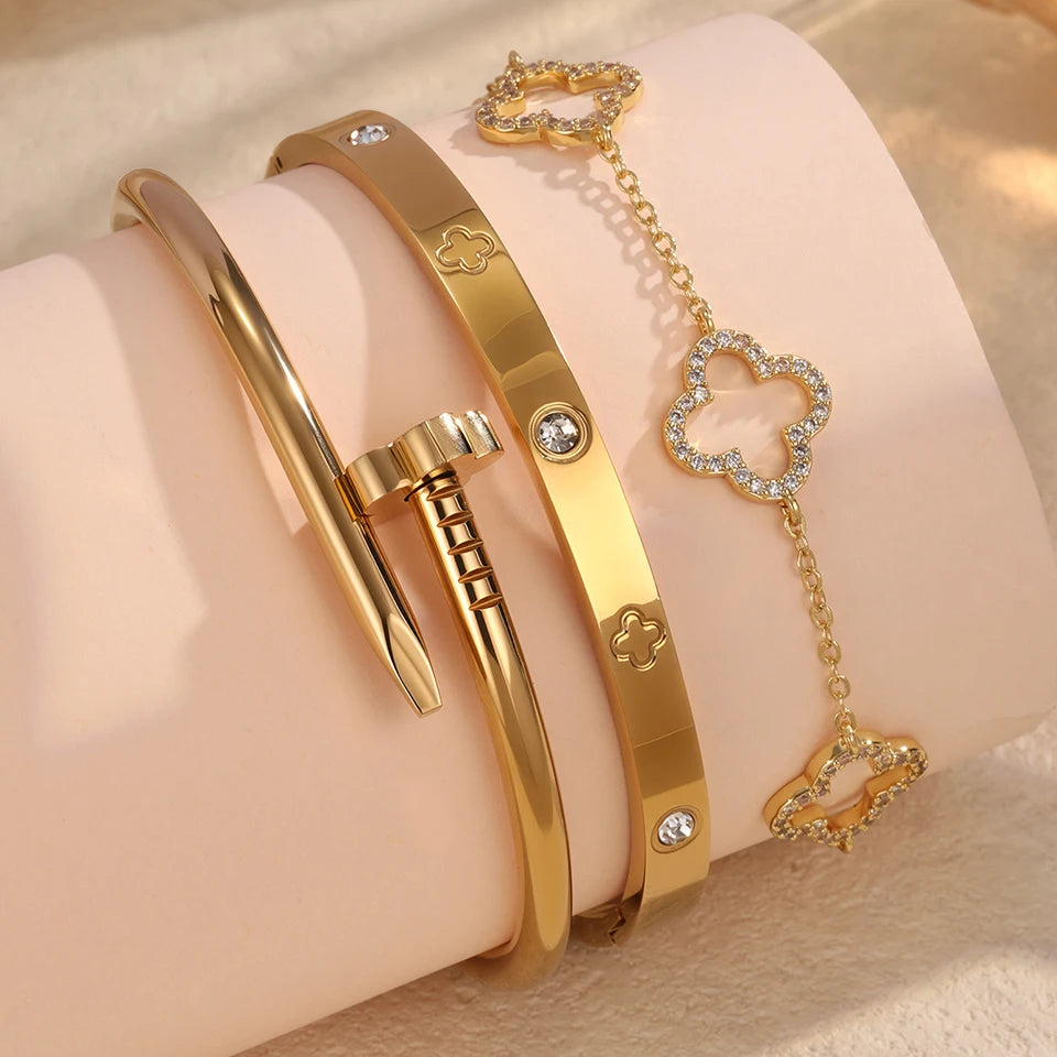 Stainless Steel Gold Plated Four-Leaf Flower Nails Stacked Bracelet Bangles Shiny Zircon Couple Jewelry Gift