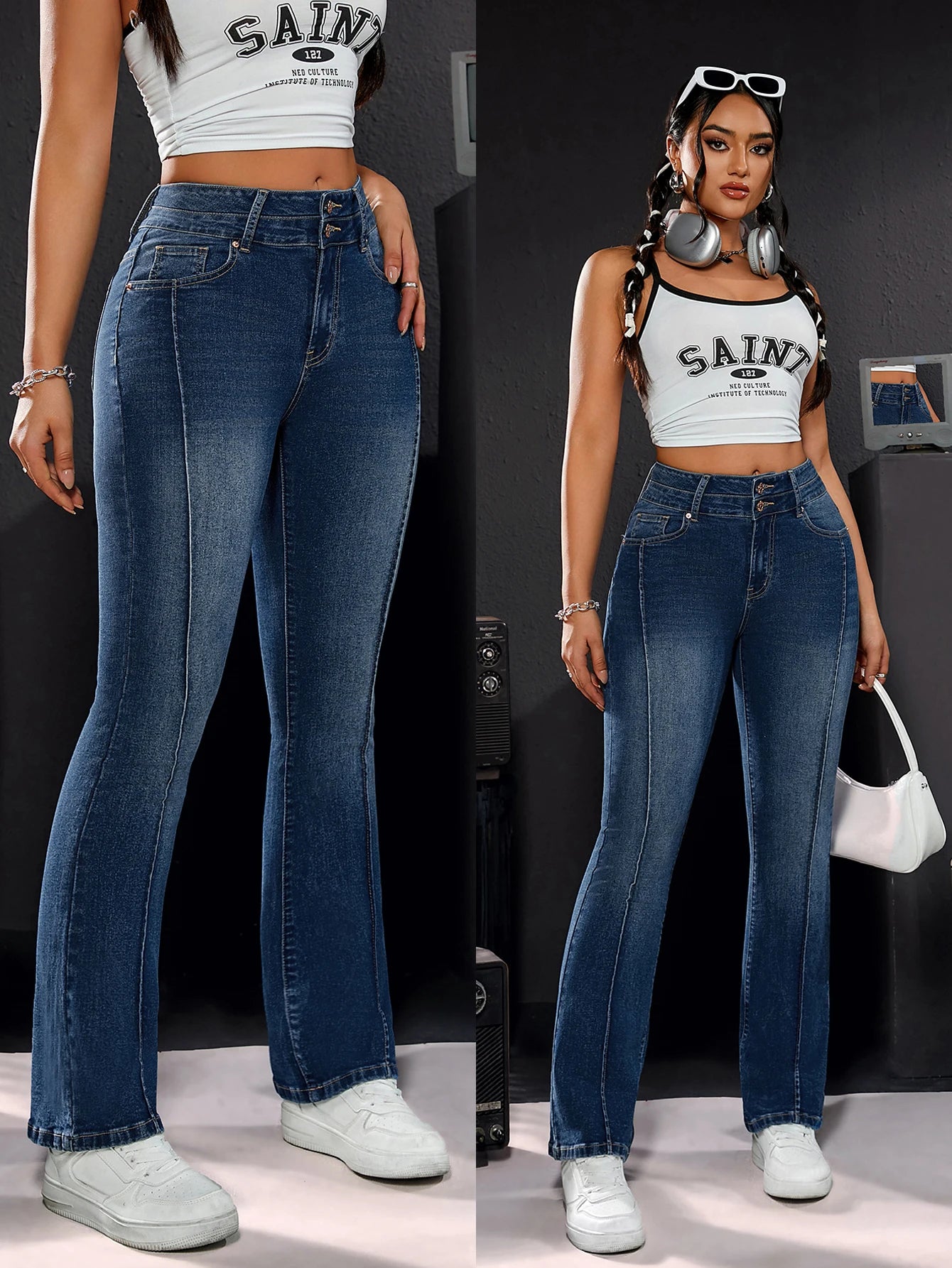 Women's High-Waisted Stretch Denim Straight Leg Jeans